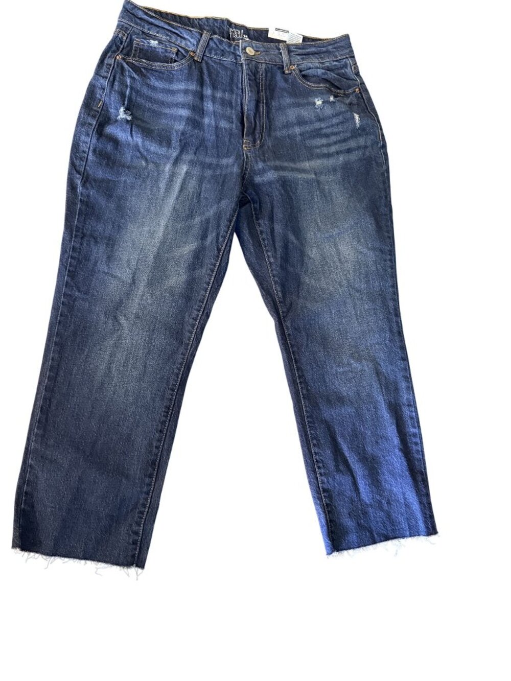 Time & Tru Womens Distressed Blue Denim Capri Jeans With Frayed Hem NWT